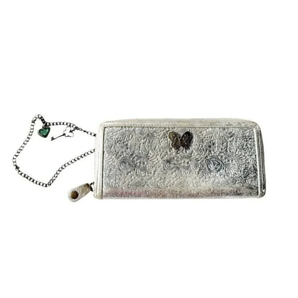 Anna Sui Silver Floral Long Wallet with Accent Chain and Gold Butterfly Emblem